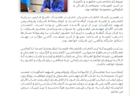 پیام تبریک رئیس مجتمع پتروشیمی شهید تندگویان در پی انتصاب مدیرعامل این مجتمع
