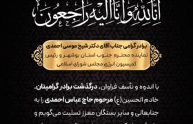 پیام تسلیت دکتر دولتی زاده مدیرعامل شرکت توسعه پلیمر پادجم به مناسبت درگذشت برادر دکتر شیخ موسی احمدی رئیس کمیسیون انرژی مجلس شورای اسلامی؛